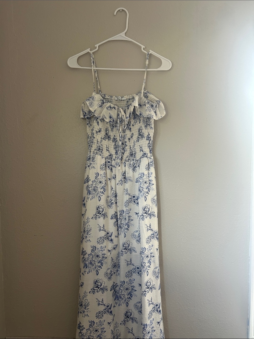Blue Floral Smocked Spaghetti-Strap Maxi Dress
